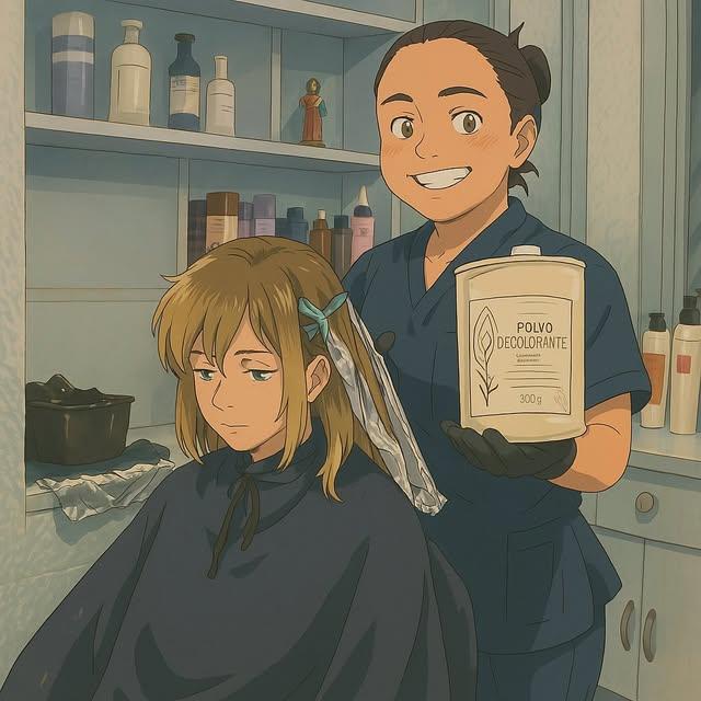 Dibujo animado de la estilista sosteniendo un frasco de polvo decolorante junto a una clienta con papel aluminio